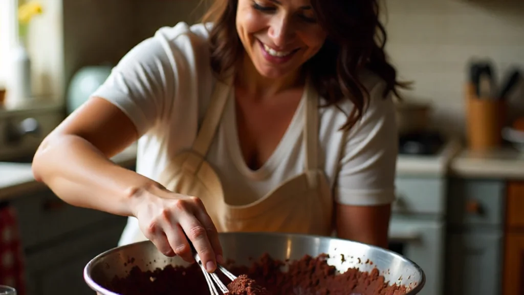 Massa de bolo de chocolate sendo misturada na tigela